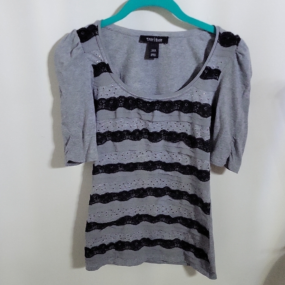 White House Black Market Gray Top with Black Lace Stripes, Size XXS